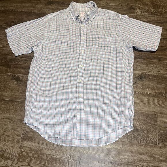 Brooks Brothers 100% Linen Shirt Mens M Blue Plaid The Original Polo Casual 346 - Picture 1 of 9